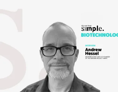 Retrato a preto e branco de Andrew Hessel, com o texto ""It's not that simple. BIOTECHNOLOGY".