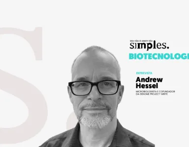 Imagem de Andrew Hessel, com texto "Biotecnologia" e "entrevista" destacado.