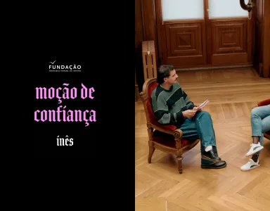 Imagem de Guilherme Geirinhas com Inês Sousa Real, durante as gravações da rúbrica «Moção de Confiança»