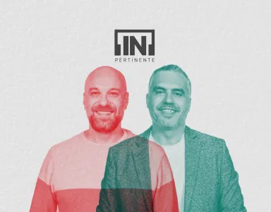 Retrato do comunicador Hugo van der Ding e do jurista Marco Ribeiro Henriques, lado a lado, sobre um fundo cinzento, com o logo "[IN]Pertienente".