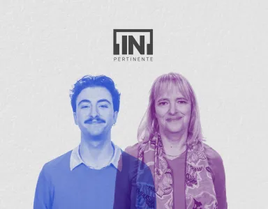 Na parte inferior, retrato a azul do humorista Manel Rosa ao lado da economista Catarina Roseta Palma, a rosa. Fundo cinzento, com os logotipos "[IN]Pertinente" e "Fundação Francisco Manuel dos Santos".