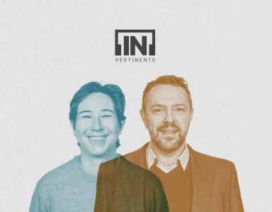 A humorista Luana do Bem ao lado do politólogo Pedro Magalhães, sobre um fundo cinzento, com os logotipos "Fundação Francisco Manuel dos Santos" e "[IN]Pertinente" ao centro.