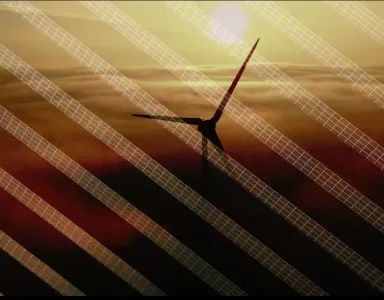 Imagem de uma ventoinha eólica sobreposta por uma imagem de vários painéis solares.
