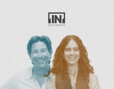 Duas mulheres sorridentes. Por cima, os logotipos do podcast "[IN]PERTINENTE" e da "Fundação".