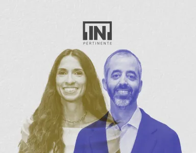 Retrato de uma mulher e de um homem ao centro da imagem num fondo cinzento. Logotipo "[IN]Pertinente" acima. 