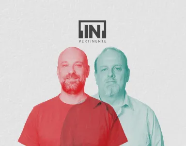 Dois homens ao centro da imagem, um ilustrado a vermelho e outro a verde e acima o logotipo "[IN]Pertinente".
