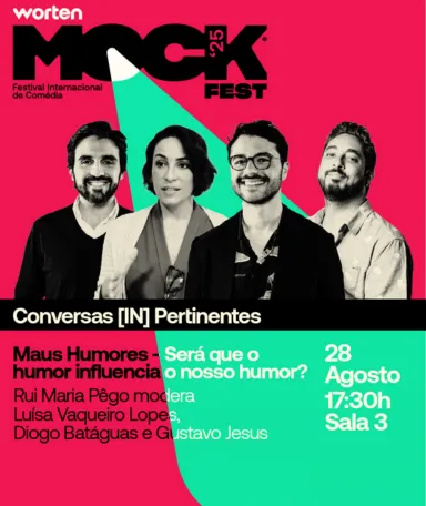 Imagem ilustrativa da Conversa [IN]Pertinente do Worten Mock Fest, que junta Rui Maria Pêgo, Diogo Batáguas, Luísa Lopes e Gustavo Jesus