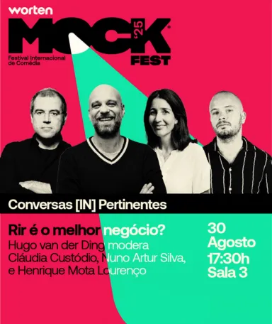 Imagem ilustrativa da Conversa [IN]Pertinente do Worten Mock Fest, que junta Nuno Artur Silva, Hugo van der Ding, Cláudia Custódio e Henrique Mota Lourenço