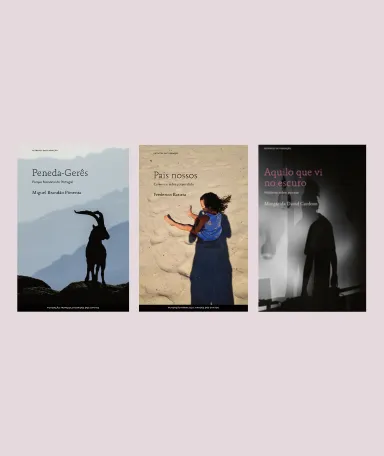 Capas de três novos livros da Fundação: uma paisagem da Peneda-Gerês, outra de uma criança sentada na areoa e outra com a sombra de um homem.