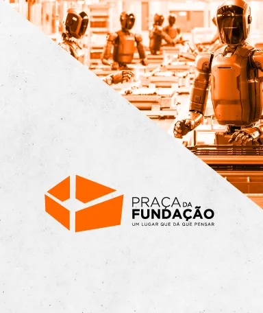 No canto superior direito, vários robôs a operar máquinas. Ao centro, um logotipo com o texto "Praça da Fundação".