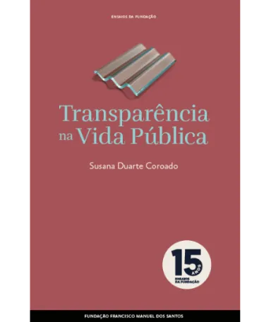 Capa de livro em cor de tijolo, com o desenho de telhas de vidro ao centro e com o texto "Transparência na Vida Pública" e "Susana Duarte Coroado".