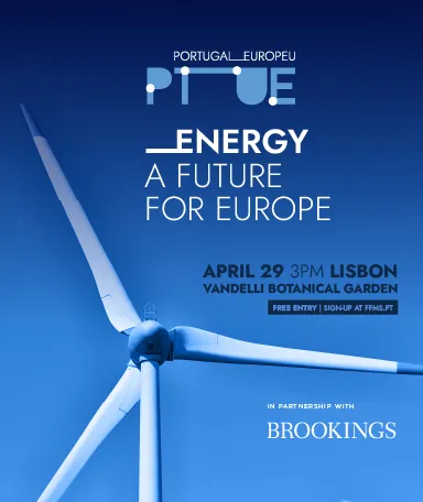 Image of a wind turbine on a blue background. Text: "Energy: a future for Europe".
