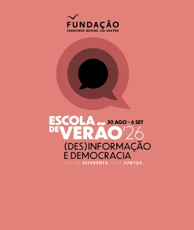 O logotipo da escola de verão da Fundação com o texto "(Des)informação e democracia". Fundo cor salmão.