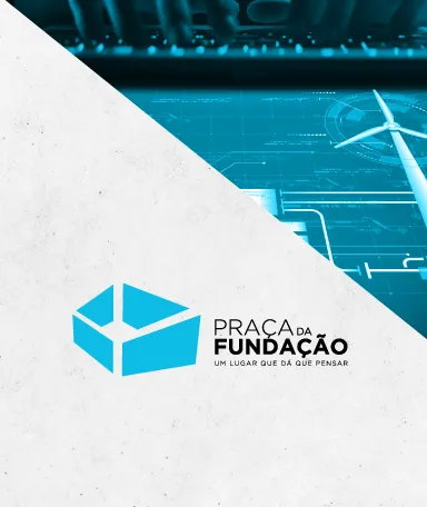 No canto superior direito, um ecrã com uma ventoínha eólica. Ao centro o logotipo e o texto "Praça da Fundação".