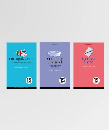 Três capas de livros da Fundação - uma azul, outra roxa e outra rosa, sobre um fundo cinzento.