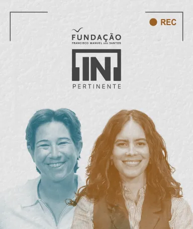 Duas mulheres sorridentes ao centro; o logotipo "[IN]Pertinente" e "Fundação" acima, sobre as cabeças.