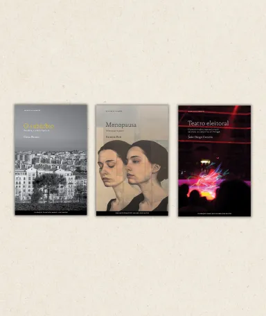 Três capas de livros sobre um fundo bege 