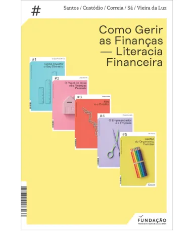 Imagem de cinco livros coloridos, que constituem a coleção «Como Gerir as Finanças - Literacia Financeira ».