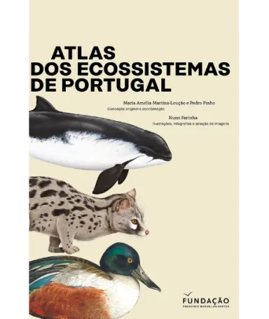 Capa de um livro que tem desenhada um boto, um gineta e um zarro-comum. Texto: "Atlas dos ecossistemas de Portugal".
