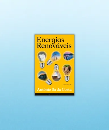 Fundo azul em degradê, com a capa de um livro ao centro a amarelo e o texto "Energias Renováveis".