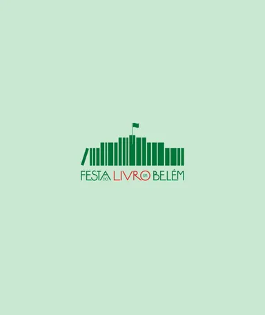 Fundo verde com um logotipo e o com o texto "Festa do livro de Belém".