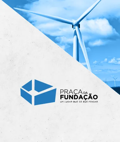 A imagem de um aerogerador ilustrada a azul no topo e, ao centro, o logotipo e o texto "Praça da Fundação".