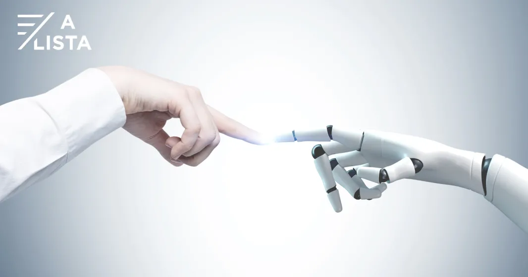 Imagem de uma mão humana que interage com uma mão robótica