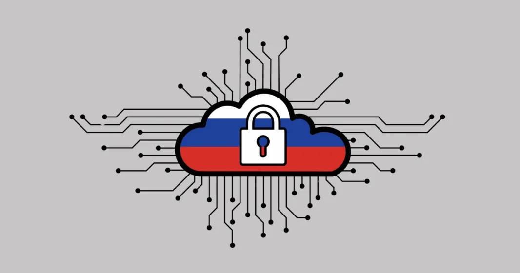 Imagem de uma nuvem digital com a bandeira russa como pano de fundo. Crédito: Shutterstock