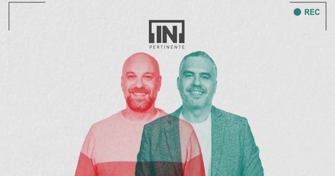 Retrato do comunicador Hugo van der Ding e do jurista Marco Ribeiro Henriques, lado a lado, sobre um fundo cinzento, com o logo "[IN]Pertienente".