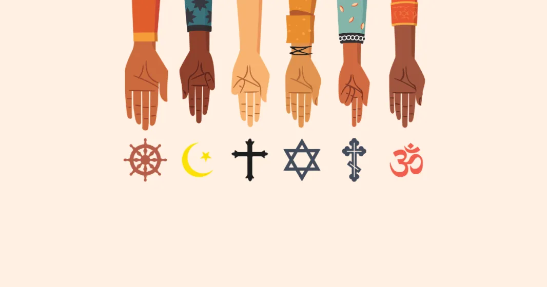 Imagem com ilustração de várias mãos que apontam para símbolos de diferentes religiões. Autoria: José Alves
