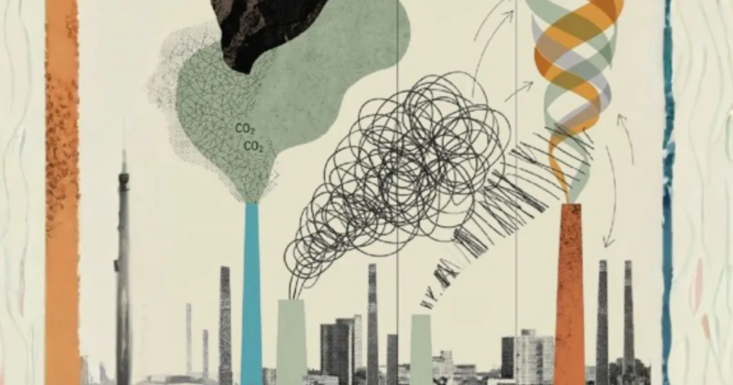 Imagem infográfica de edifícios e fábricas a emitir gases com efeito de estufa. Crédito: Ana Kaiseler. Esta imagem foi expandida com recurso a IA.