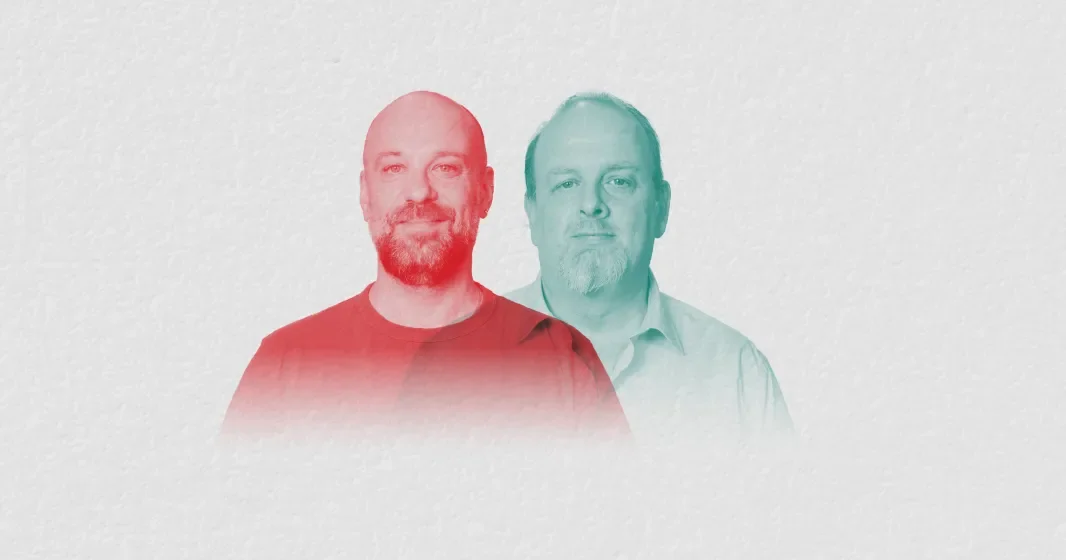 Sob fundo neutro, os rostos de dois homens de meia idade, o crítico literário Pedro Mexia e o humorista Hugo van der Ding.