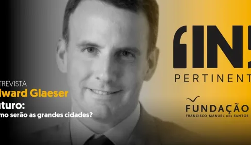 Retrato de Edward Glaeser a preto e branco, sobre um fundo cinzento e amarelo. Texto: "Futuro: como serão as grandes cidades?".