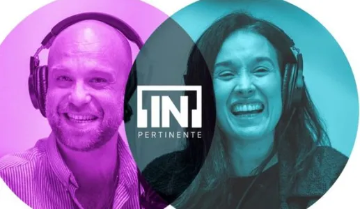 Hugo van der Ding e a economista Cátia Batista lado a lado, sorridentes. Logotipo "[IN]Pertinente" no meio de ambos.