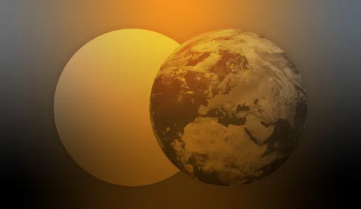 Imagem de um sol brilhante e a Terra, com um fundo gradiente laranja e preto.