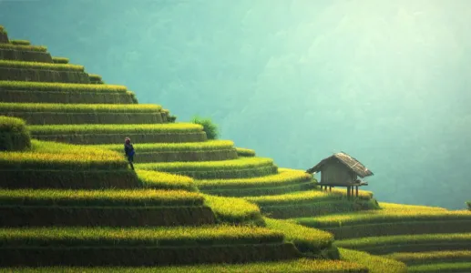 Uma pessoa nas escadas de arroz, com uma casa ao fundo sob um céu suave e azul.