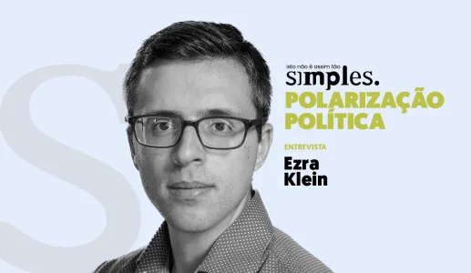 Retrato de Ezra Klein com o texto "POLARIZAÇÃO POLÍTICA" e "ENTREVISTA" em destaque.