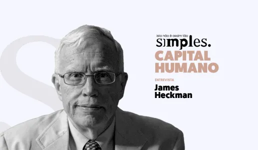 Retrato do Nobel da Economia James Heckman a preto e branco, sobre um fundo claro, com o texto "Capital humano não é assim tão simples" e com o logotipo "S.".