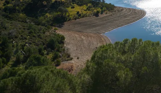 Vista aérea da costa da Barragem de Odeleite, com água e vegetação.