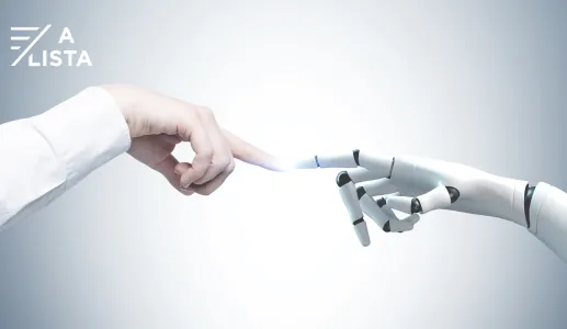 Uma mão humana e de uma mão robótica quase a tocarem-se.
