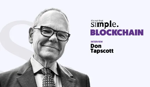 Retrato a preto e branco de Don Tapscott, com um fundo roxo claro e com o texto "Blockchain is not that simple".
