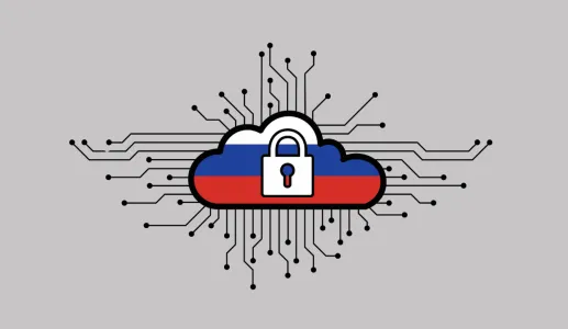 Imagem de uma nuvem digital com a bandeira russa como pano de fundo. Crédito: Shutterstock