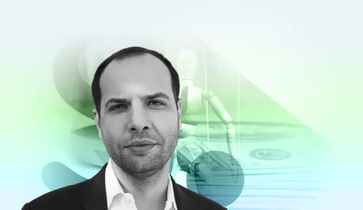 Retrato a preto e branco do politólogo Ricardo Soares de Oliveira sobre um fundo azul e verde com uma marioneta e o logotipo "S.".
