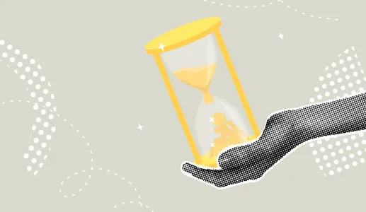 Collage onde se vê uma mão segurando de forma cuidadosa uma ampulheta que está prestes a cair. Crédito: Shutterstock.