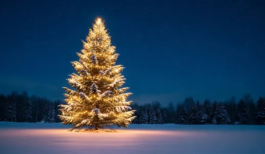 Uma árvore de Natal iluminada, numa planície coberta de neve. Crédito: Shutterstock