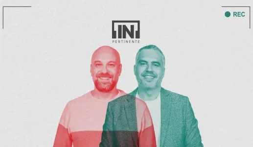 Retrato do comunicador Hugo van der Ding e do jurista Marco Ribeiro Henriques, lado a lado, sobre um fundo cinzento, com o logo "[IN]Pertienente".