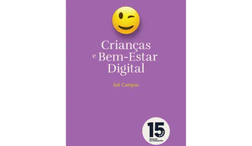 Capa de um livro roxa, com um emoji a piscar o olho ao centro, e com o texto "Crianças e Bem-Estar Digital" e "Ioli Campos".