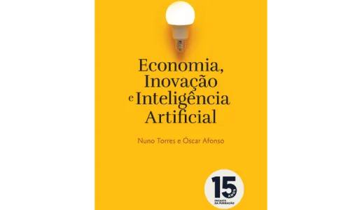 Capa amarela de um livro que tem ao centro uma lâmpada ligada e o texto "Economia, Inovação e Inteligência Artificial" e "Nuno Torres e Óscar Afonso".
