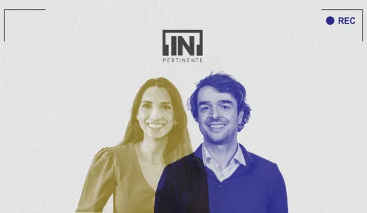 A radialista Filipa Galrão e o endocrinologista Ricardo Rangel, lado a lado, com o logotipo "[IN]Pertinente" ao centro, acima das suas cabeças, sobre um fundo cinzento claro.