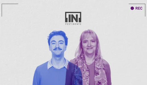 Na parte inferior, retrato a azul do humorista Manel Rosa ao lado da economista Catarina Roseta Palma, a rosa. Fundo cinzento, com os logotipos "[IN]Pertinente" e "Fundação Francisco Manuel dos Santos".